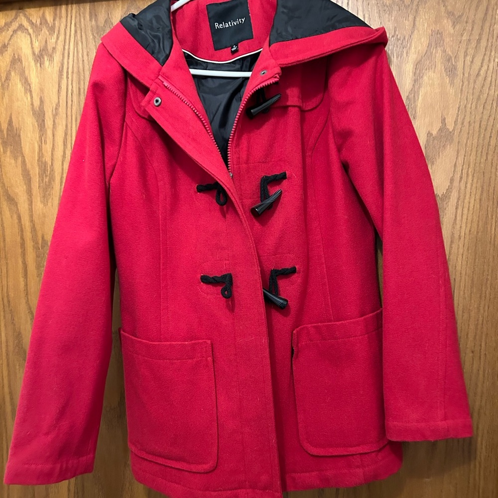 Relativity Red Pea Coat with Black Accents
